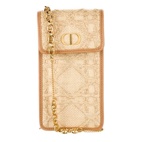 Dior Caro Phone Holder with Chain Natural Cannage Raffia